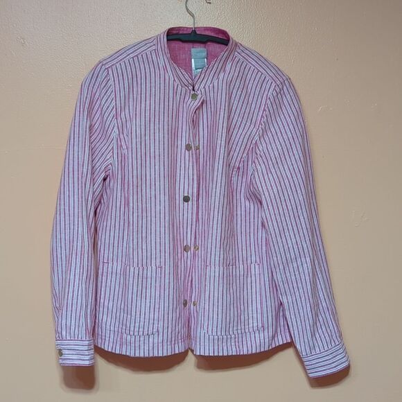 Chico’s Reversible Pink Railroad Striped To Solid Linen Jacket sz 1 Medium - Picture 5 of 10